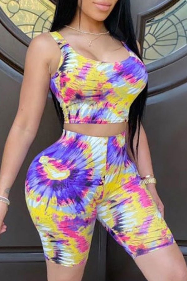

lovely Leisure Tie-dye Yellow Plus Size Two-piece Shorts Set