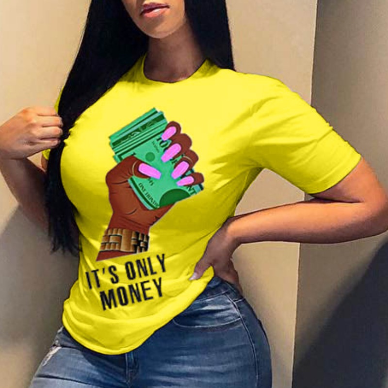 

lovely Leisure O Neck Pritn Yellow Plus Size T-shirt