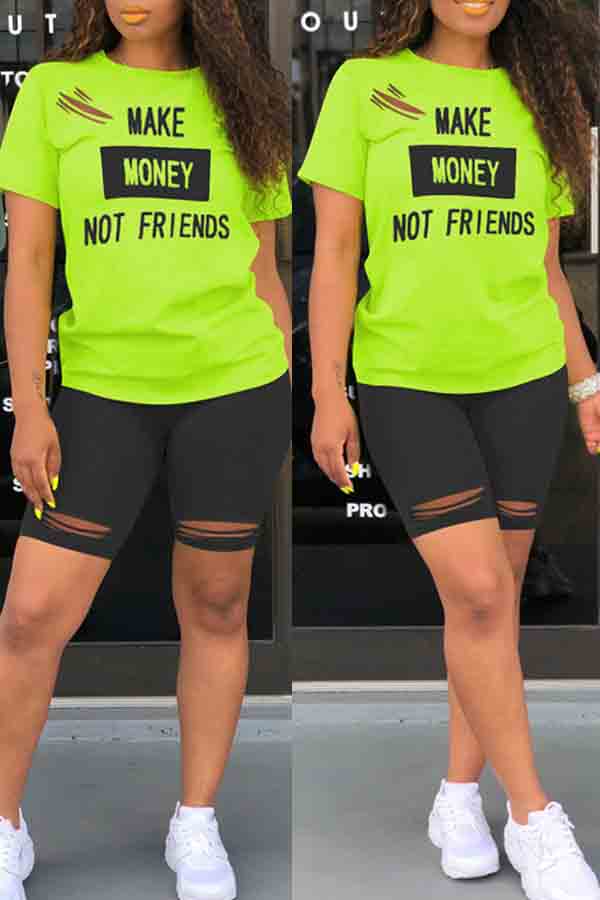 

lovely Casual Letter Print Green Two-piece Shorts Se