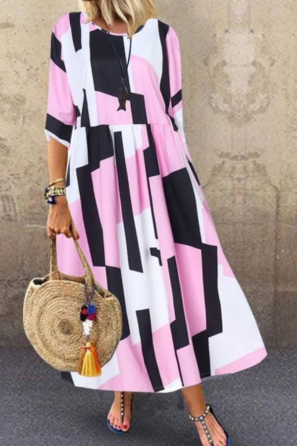 

lovely Leisure O Neck Print Pink Ankle Length Plus Size Dress