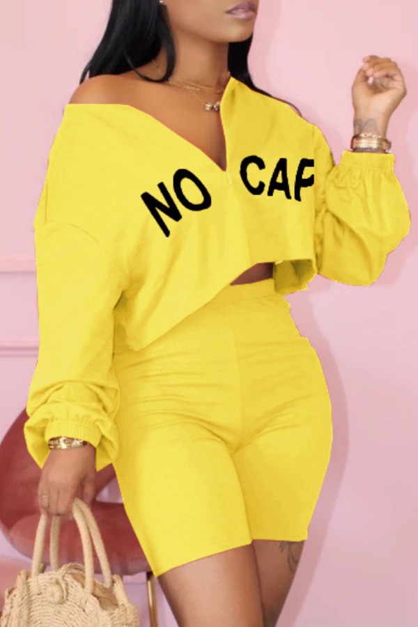 

lovely Leisure Letter Yellow Plus Size Two-piece Shorts Set