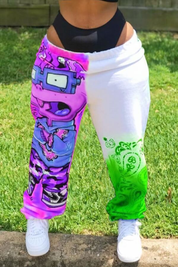 

Lovely Street Print Patchwork Purple Pants
