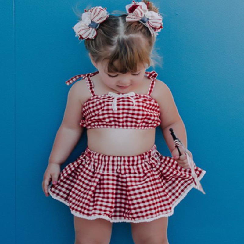 

lovely Trendy Grid Print Red Girl Two-piece Skirt Set