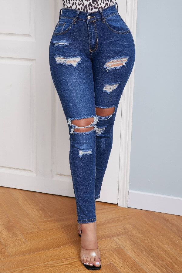 

Lovely Casual Broken Holes Deep Blue Jeans