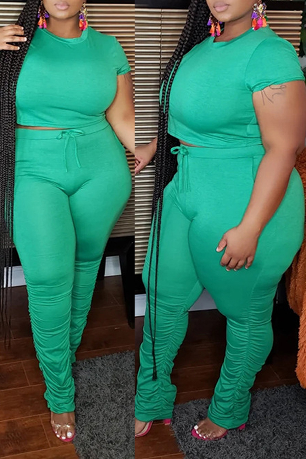 

lovely Casual Basic Green Plus Size Two-piece Pants Set