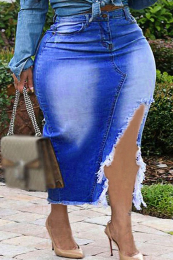 

Lovely Casual Side Split Deep Blue Ankle Length Plus Size Denim Skirts