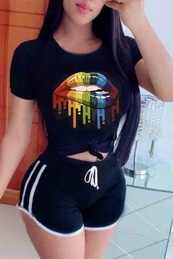 

lovely Leisure O Neck Lip Print Black Two-piece Shorts Set