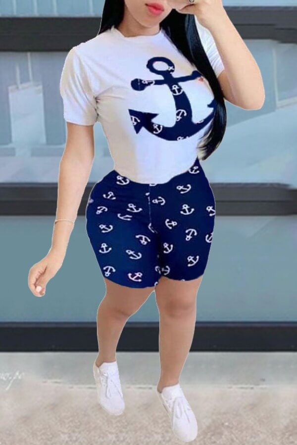 

Lovely Casual O Neck Print Blue Two-piece Shorts Set