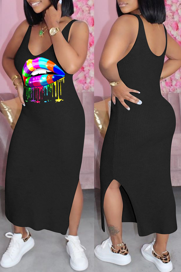 

lovely Leisure Lip Print Black Ankle Length Dress