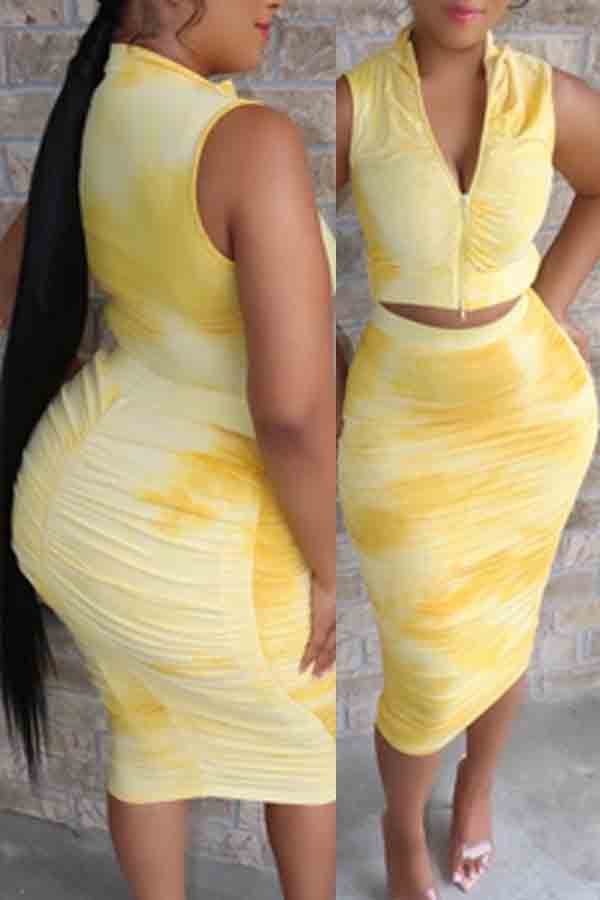 

lovely Stylish Tie-dye Yellow Two-piece Skirt Set
