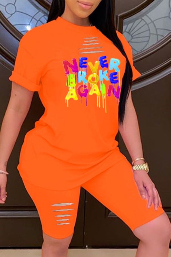 

lovely Leisure O Neck Letter Print Orange Two-piece Shorts Set