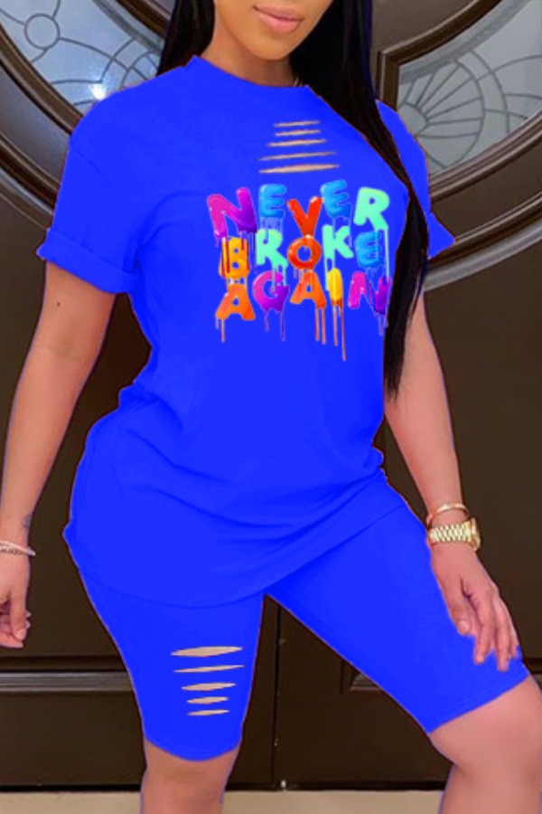 

lovely Leisure O Neck Letter Print Blue Plus Size Two-piece Shorts Set