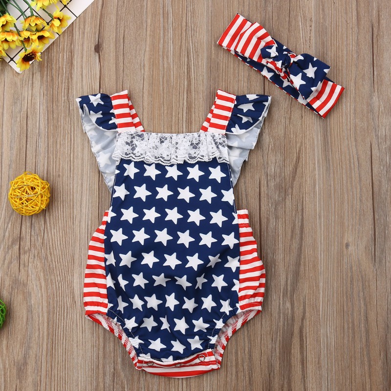 

lovely Independence Day Casual Print Blue Girl One-piece Romper