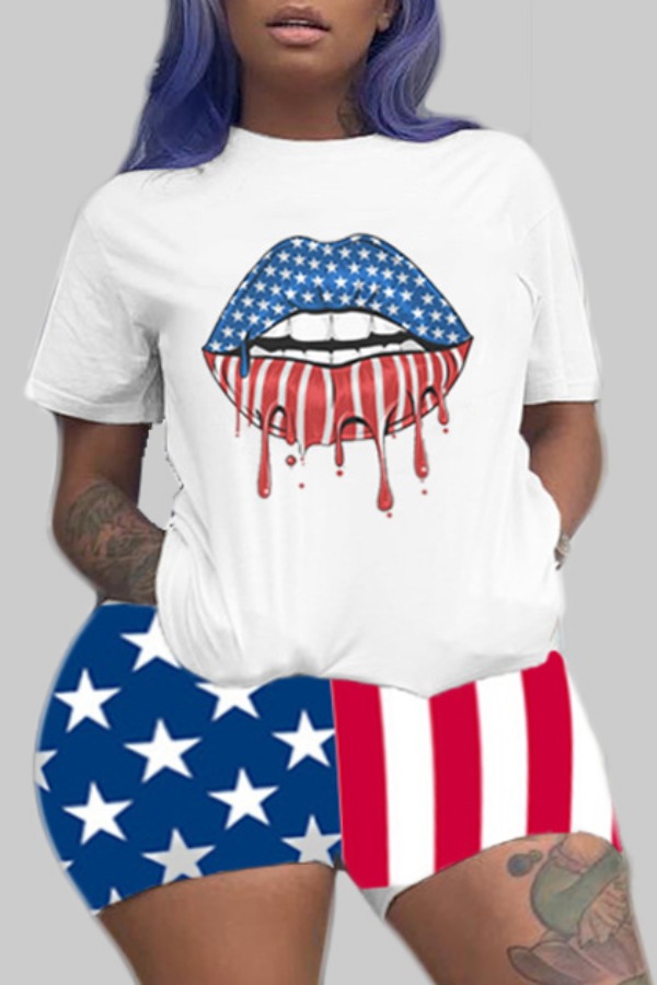 

Lovely Independence Day Casual Lip Print Multicolor Plus Size Two-piece Shorts Set, Multi