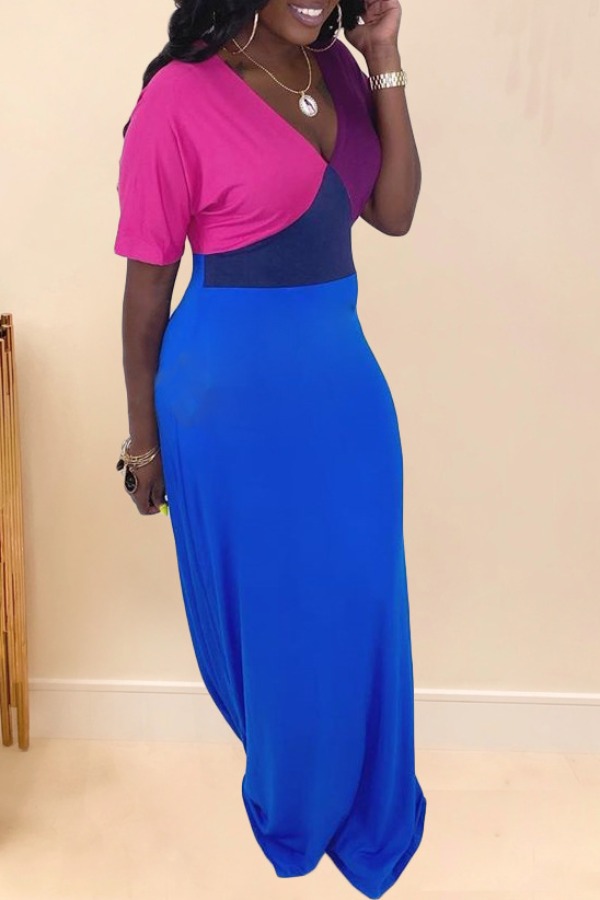 

Lovely Casual Color-lump Patchwork Purple Maxi Dress