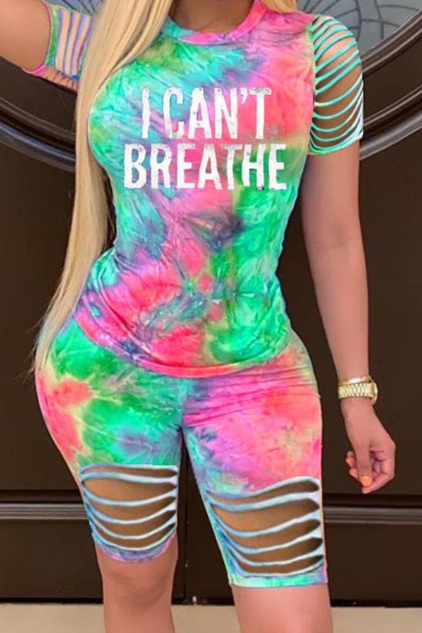 

lovely Trendy O Neck Tie-dye Green Two-piece Shorts Set