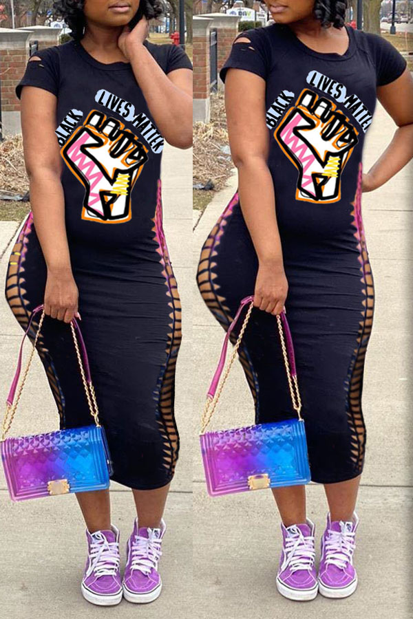 

lovely Street O Neck Print Black Mid Calf Dress
