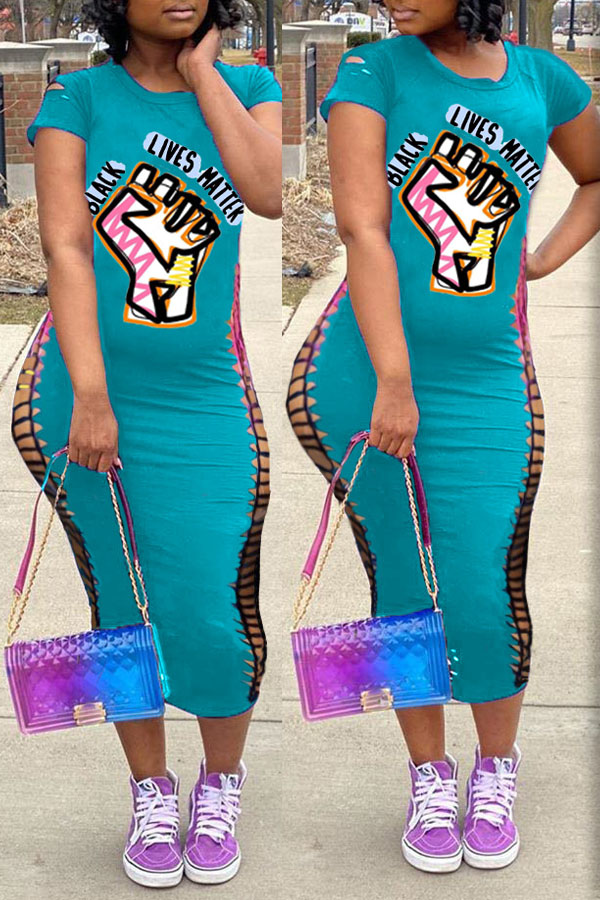 

Lovely Street O Neck Print Blue Mid Calf Dress