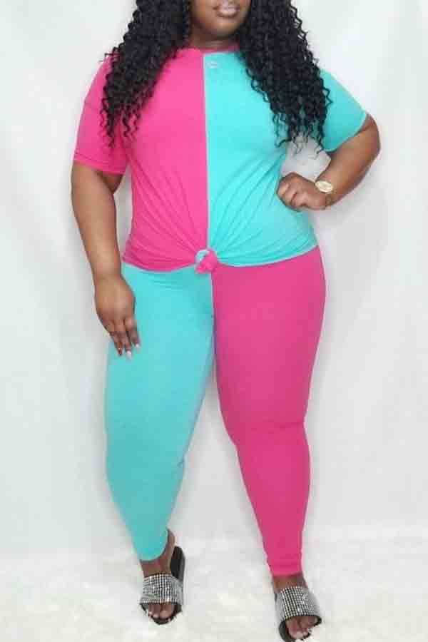 

lovely Casual Patchwork Blue Plus Size Two-piece Pants Set