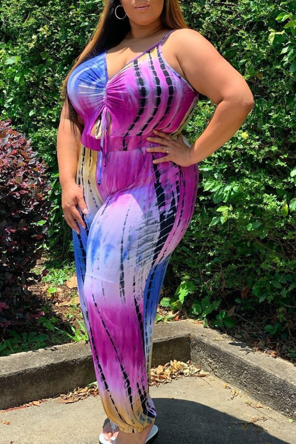 

lovely Stylish Tie-dye Blue Plus Size One-piece Jumpsuit