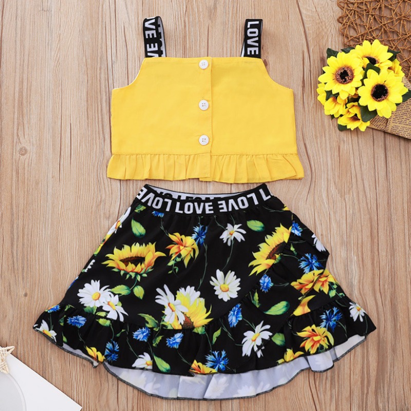 

lovely Bohemian Floral Print Yellow Girl Two-piece Skirt Set
