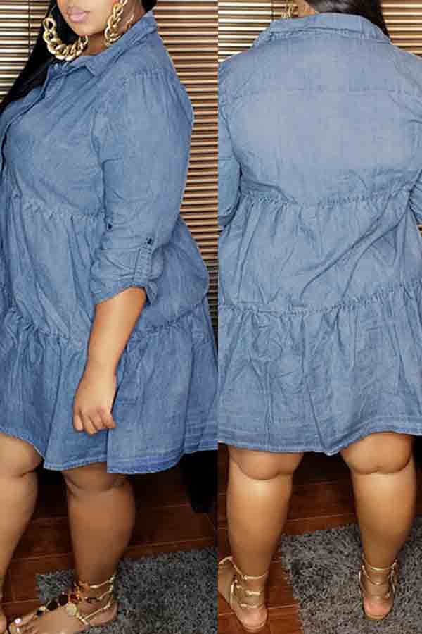 

lovely Trendy Fold Design Blue Knee Length Plus Size Dress