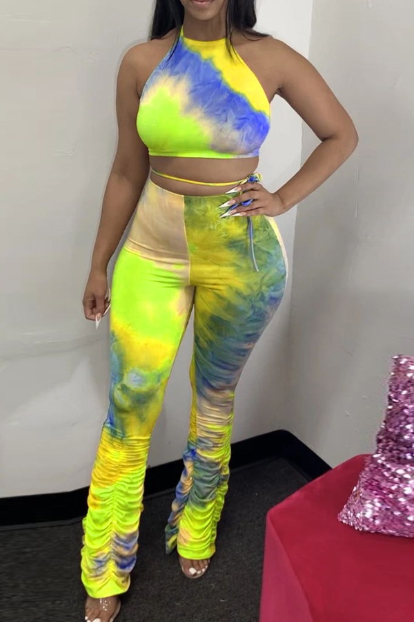 

lovely Stylish Tie-dye Yellow Plus Size Two-piece Pants Set