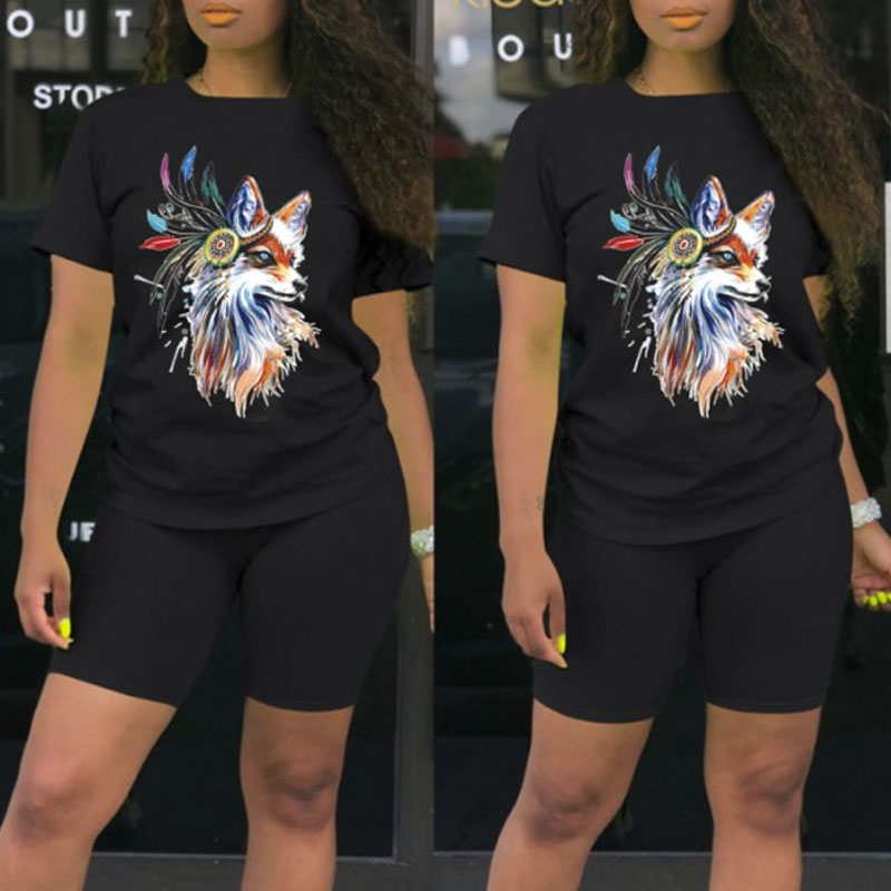 

lovely Casual O Neck Print Black Two-piece Shorts Set
