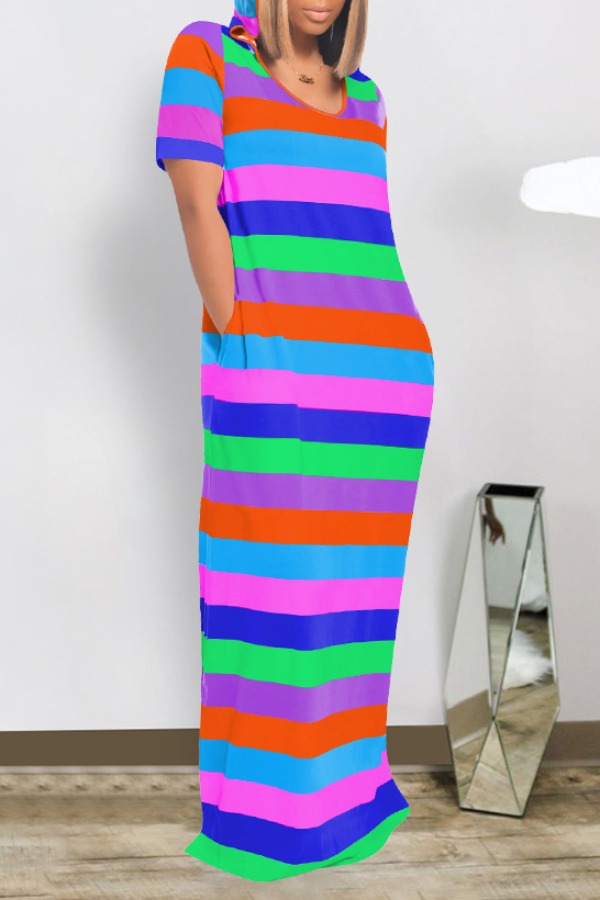 

Lovely Casual Striped Blue Maxi Dress