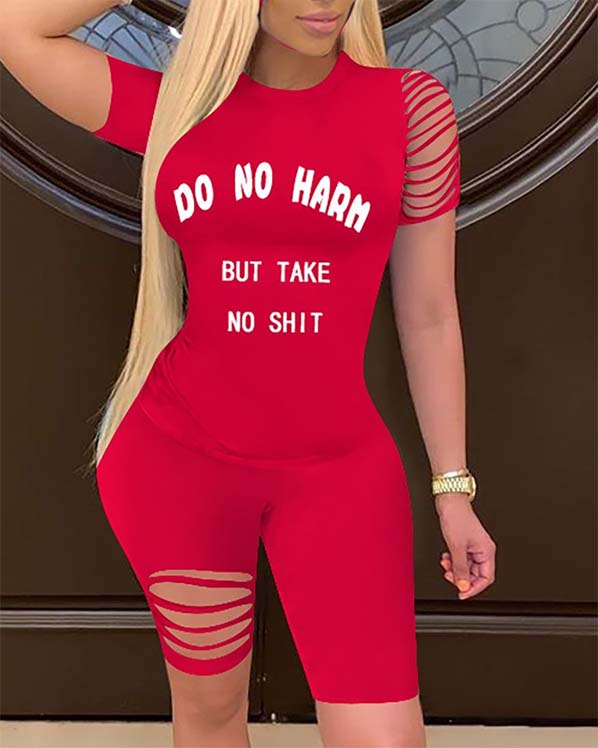 

Lovely Leisure O Neck Letter Print Red Two-piece Shorts Set