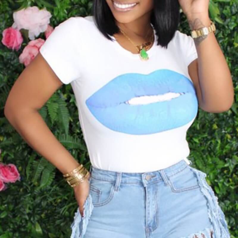 

Lovely Casual Lip Print Baby Blue T-shirt