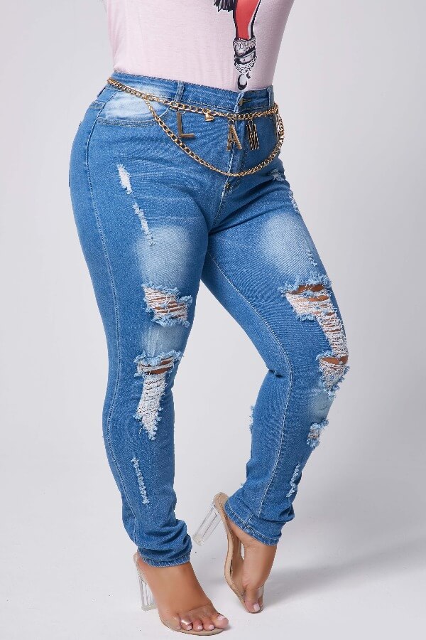 

Lovely Casual Hollow-out Deep Blue Plus Size Jeans