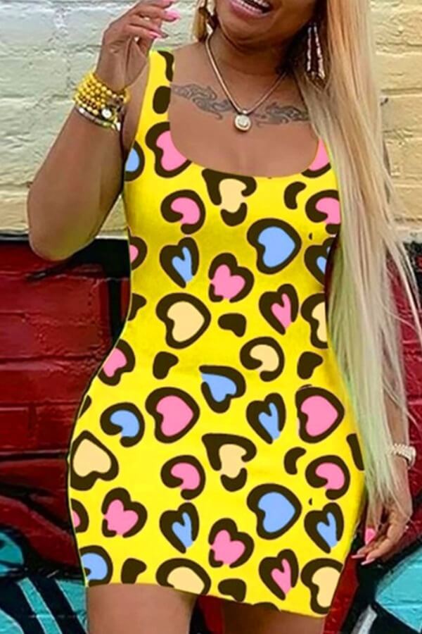 

Lovely Stylish U Neck Print Yellow Mini Dress