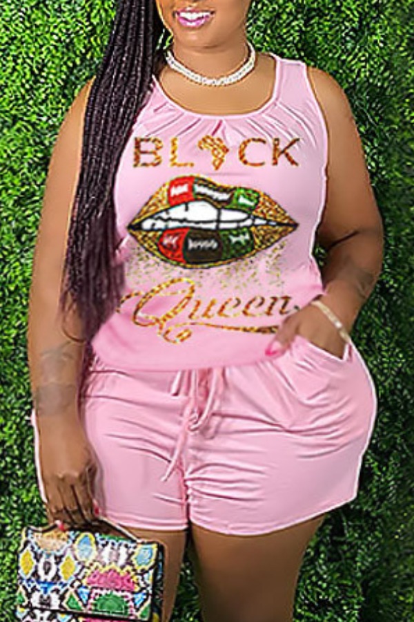 

Lovely Sportswear Lip Print Pink Plus Size Two-piece Shorts Set