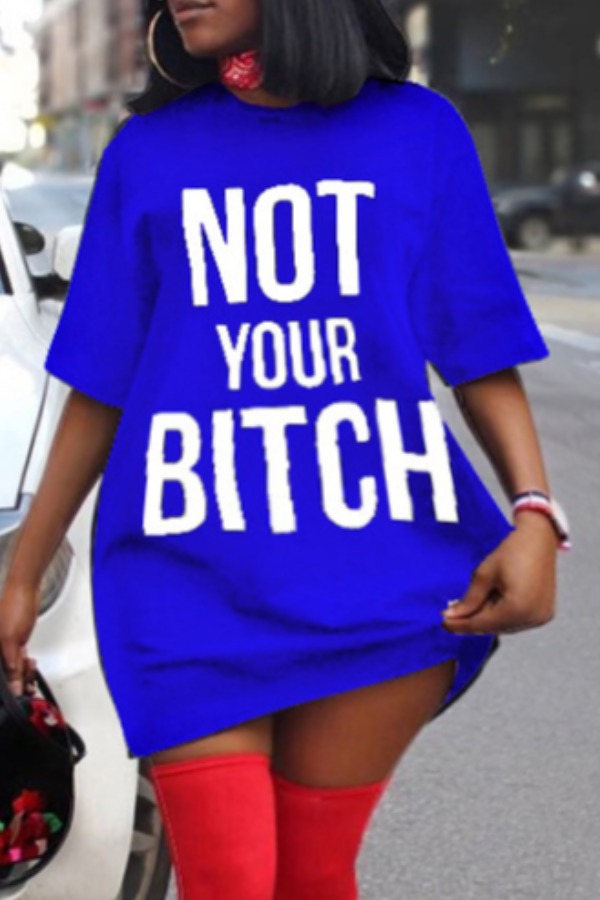 

Lovely Casual Letter Print Blue Mini Plus Size Dress