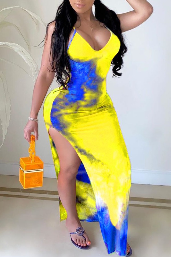 

Lovely Bohemian Tie-dye Side High Slit Yellow Maxi Dress