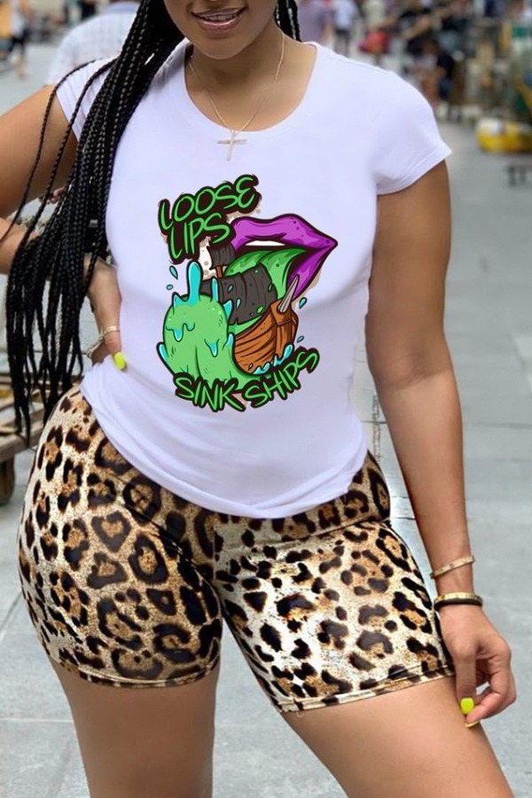 

lovely Leisure O Neck Print Light Coffee Two-piece Shorts Set