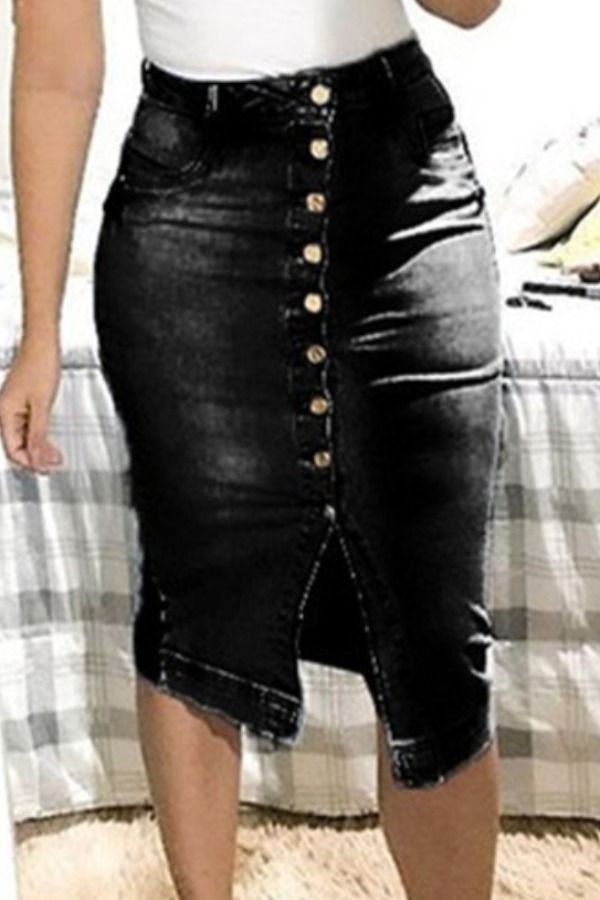 

lovely Trendy Buttons Design Black Denim Skirt