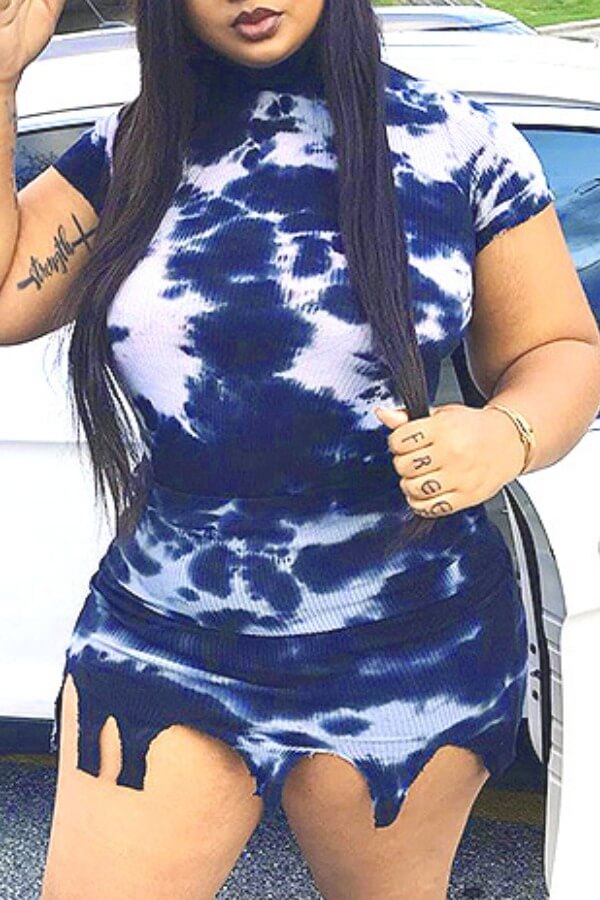 

Lovely Plus Size Trendy Tie-dye Asymmetrical Blue Two-piece Skirt Set