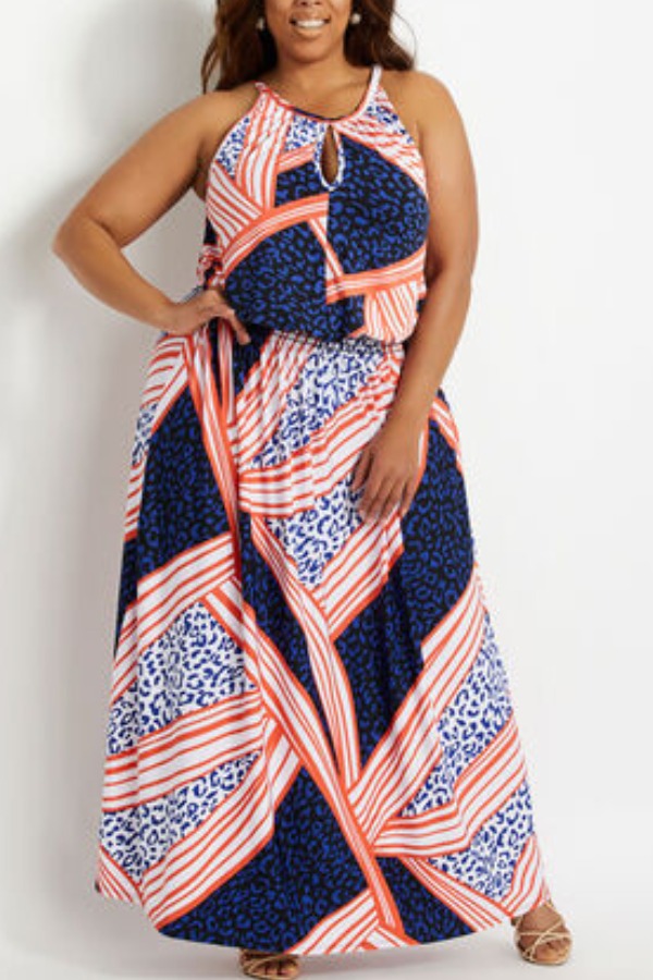 

lovely Trendy Print Multicolor Maxi Plus Size Dress, Multi
