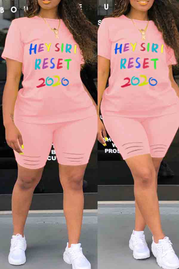 

lovely Casual Letter Print Pink Plus Size Two-piece Shorts Set