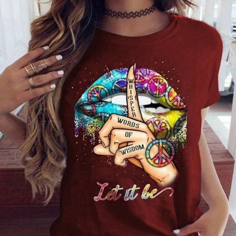 

Lovely Leisure O Neck Lip Print Wine Red T-shirt