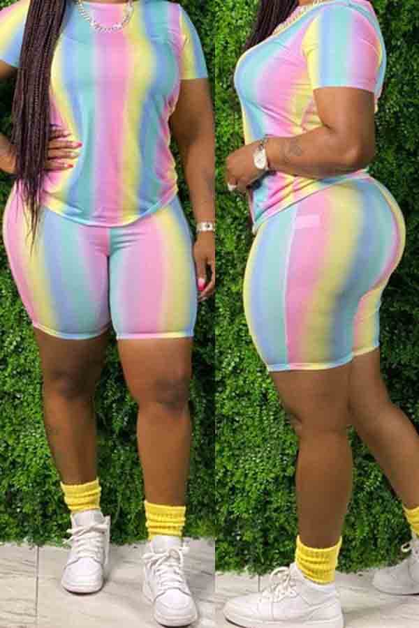 

Lovely Casual Striped Tie-dye Multicolor Two-piece Shorts Set, Multi
