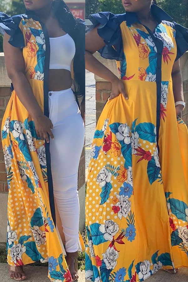 

lovely Bohemian Print Patchwork Yellow Maxi Dress
