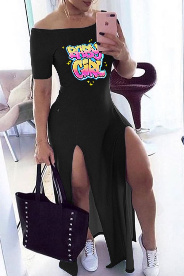 

lovely Street Print Side High Slit Black Ankle Length Dress