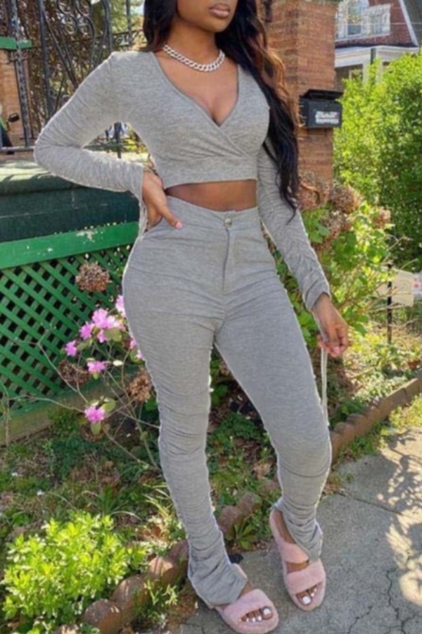 

lovely Casual V Neck Fold Design Grey Two-piece Pants Set