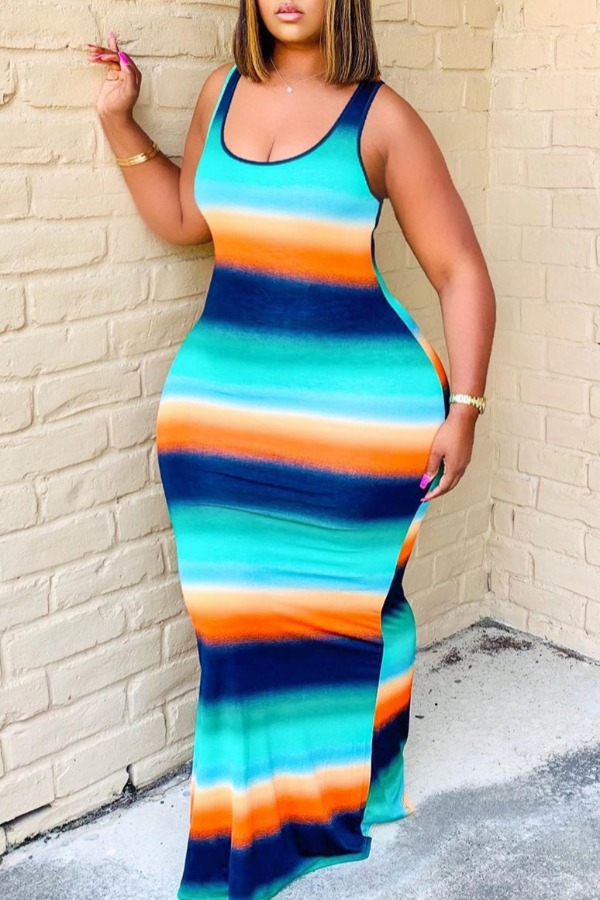 

LW Plus Size Bohemian U Neck Striped Multicolor Maxi Dress, Multicolor mstn