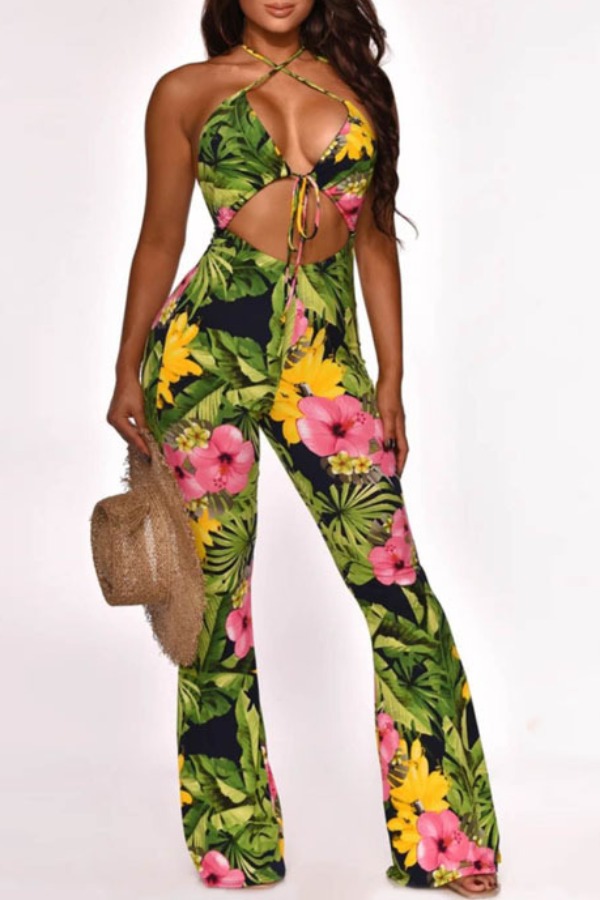 

lovely Bohemian Plants Print Green One-piece Jumpsuit