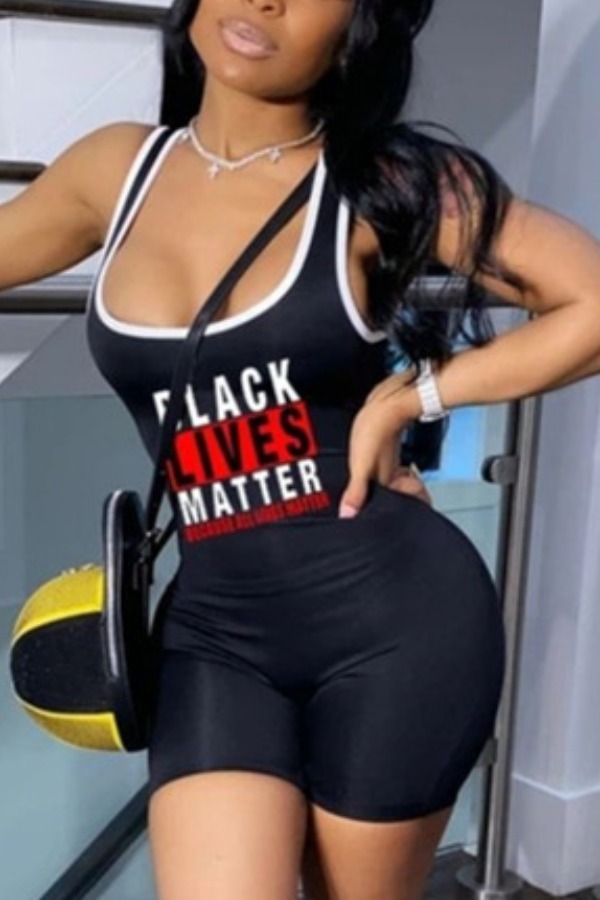 

lovely Sportswear Letter Print Black One-piece Romper