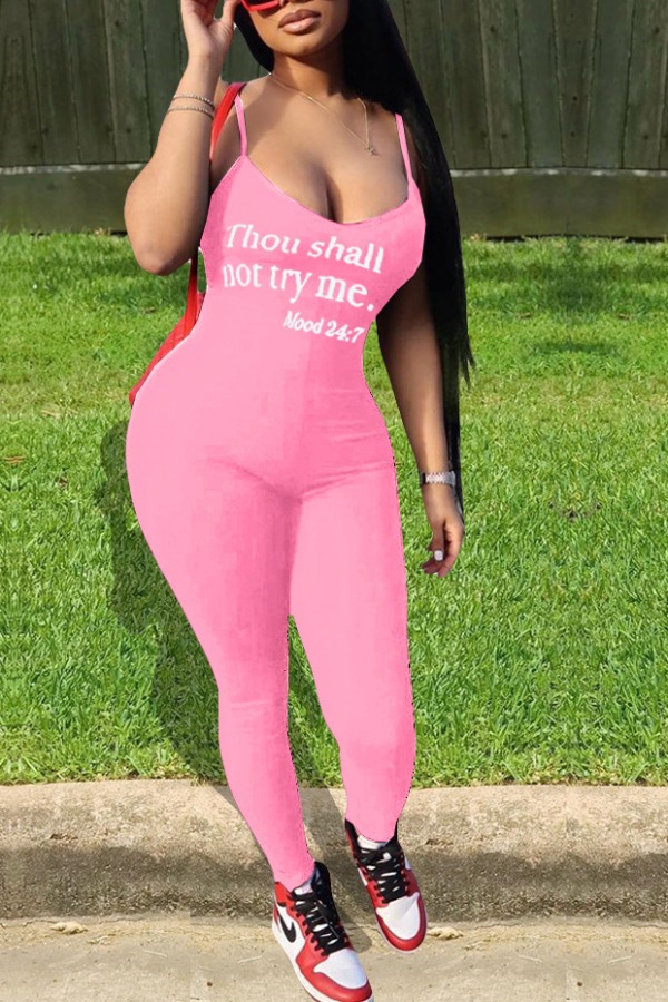 

lovely Casual Spaghetti Strap Letter Print Pink One-piece Jumpsuit